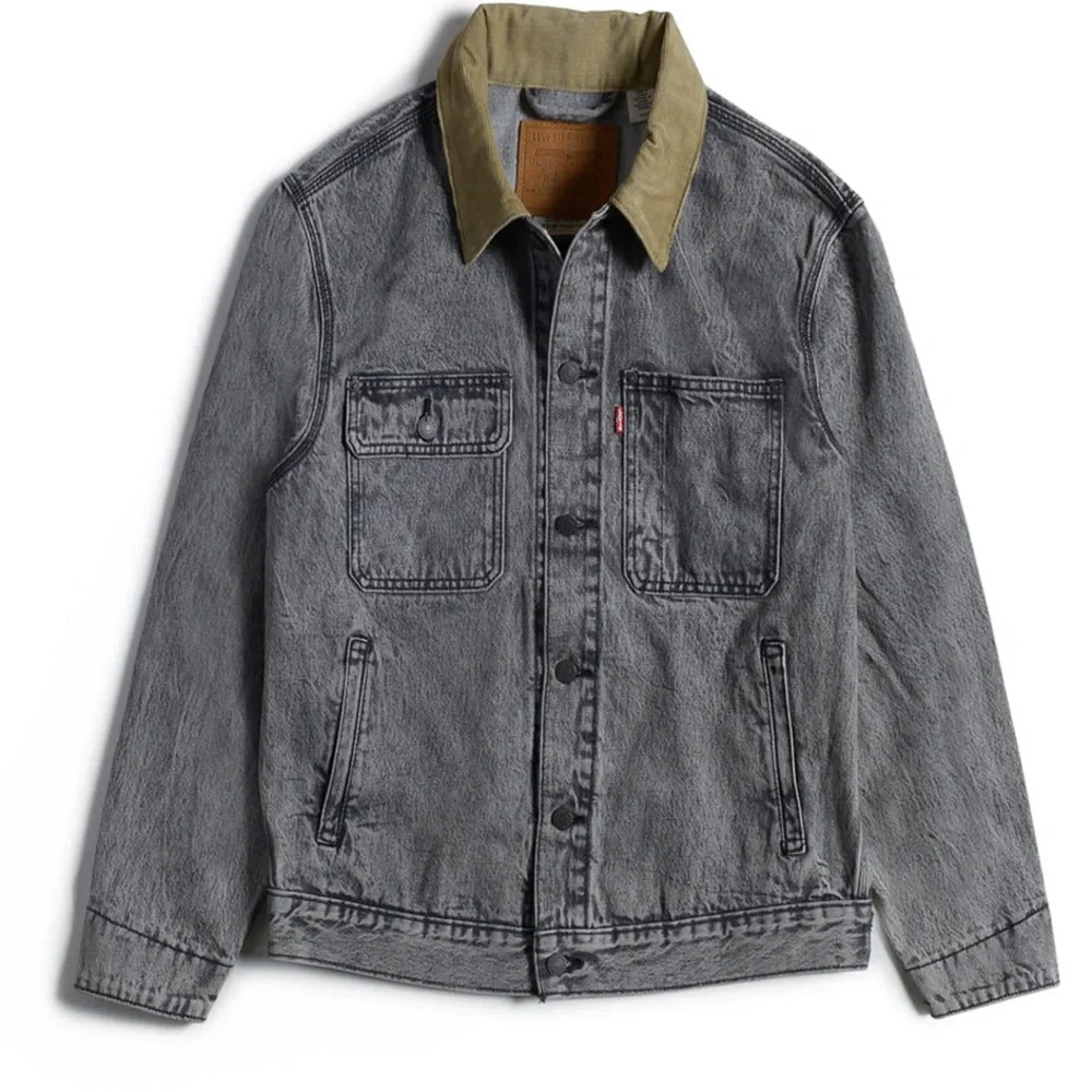 Levi's Washed Black Denim Trucker Jacket with Tan Collar - Picture 6 of 11